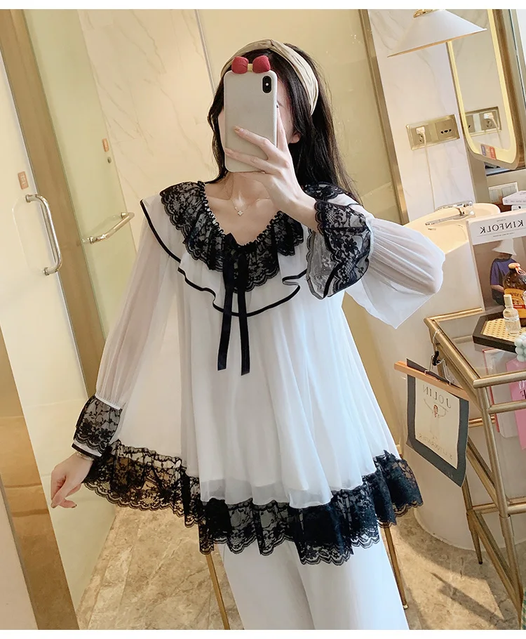 

Women Sleepwear 2021 Spring/Summer French Vintage Court Style Mesh Modal Nightwear Lace Stitching Sweet Princess Pajamas Sets