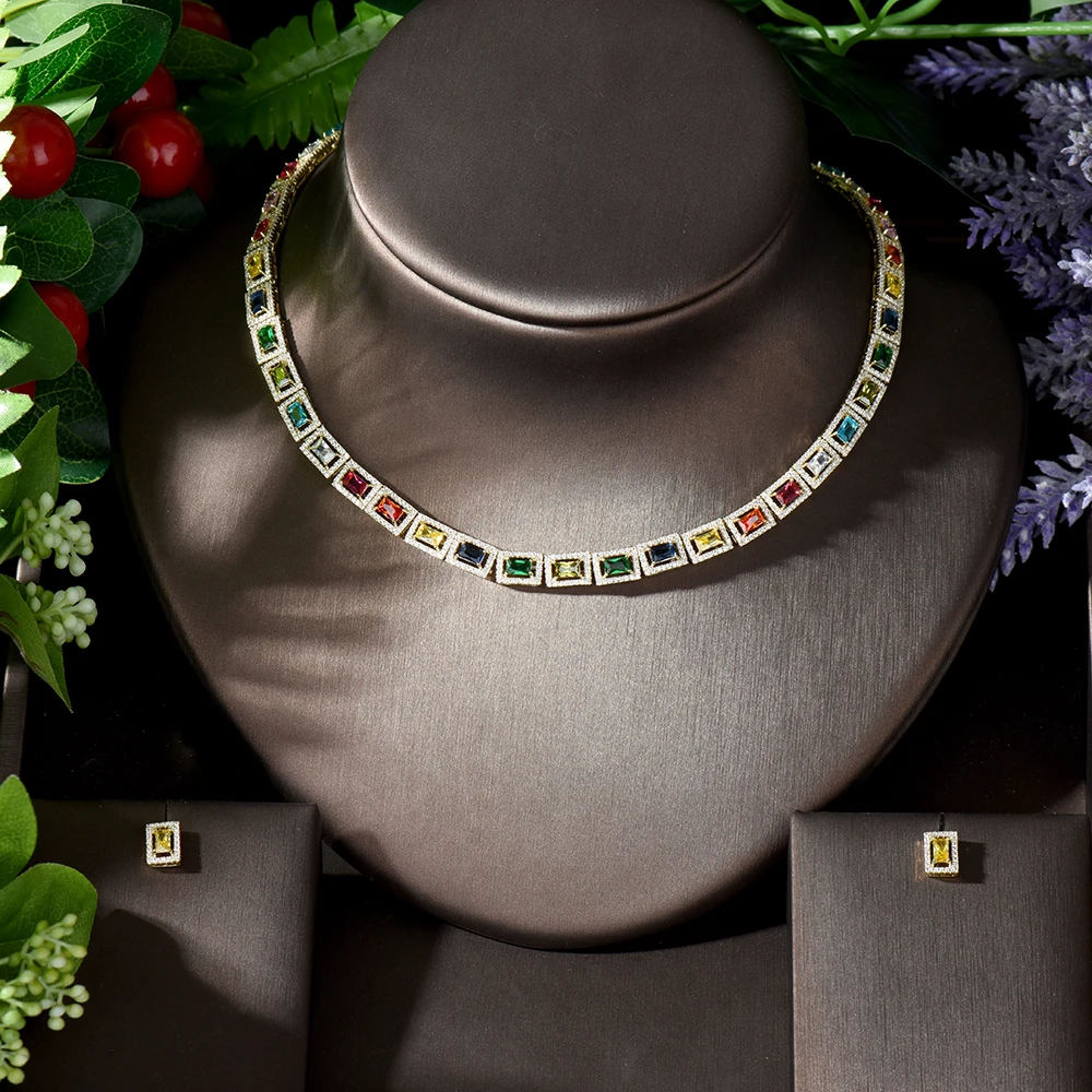 HIBRIDE потрясающий большой карат квадратный CZ Кристалл ожерелье и серьги роскошный