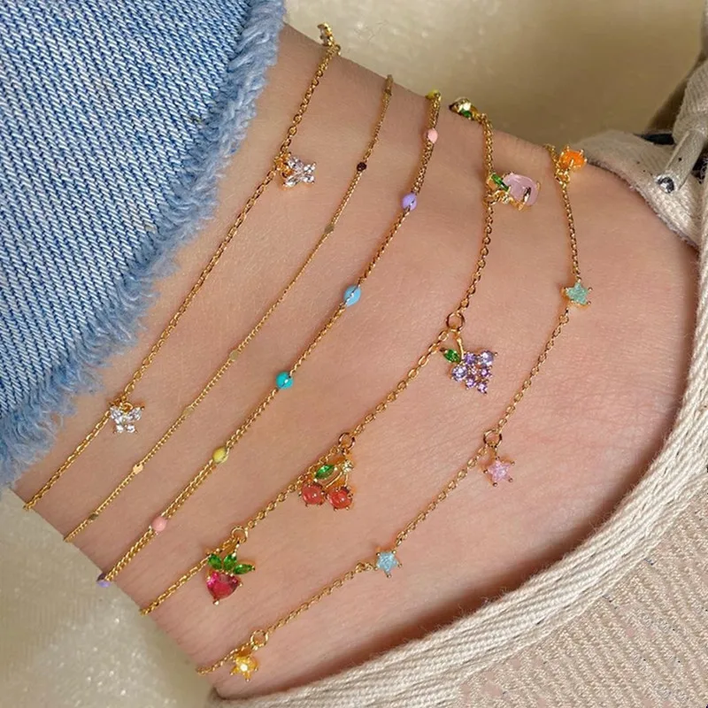 

5 Pcs/Set Sweet Crystal Fruit Butterfly Star Anklets Bracelet Simple Anklets for Women Fashion Party Jewelry Gifts