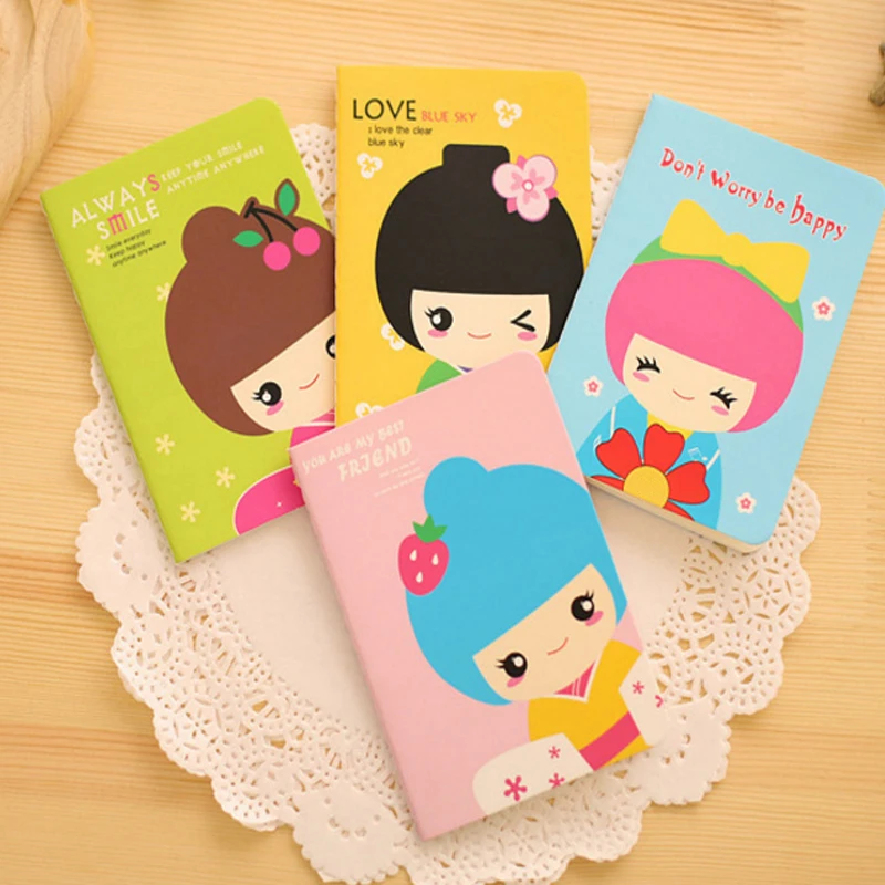 

4pcs/lot New Sketchbook Kawaii Cartoon School Office Supplies Small Notebook Portable Card Japanese Girl Models