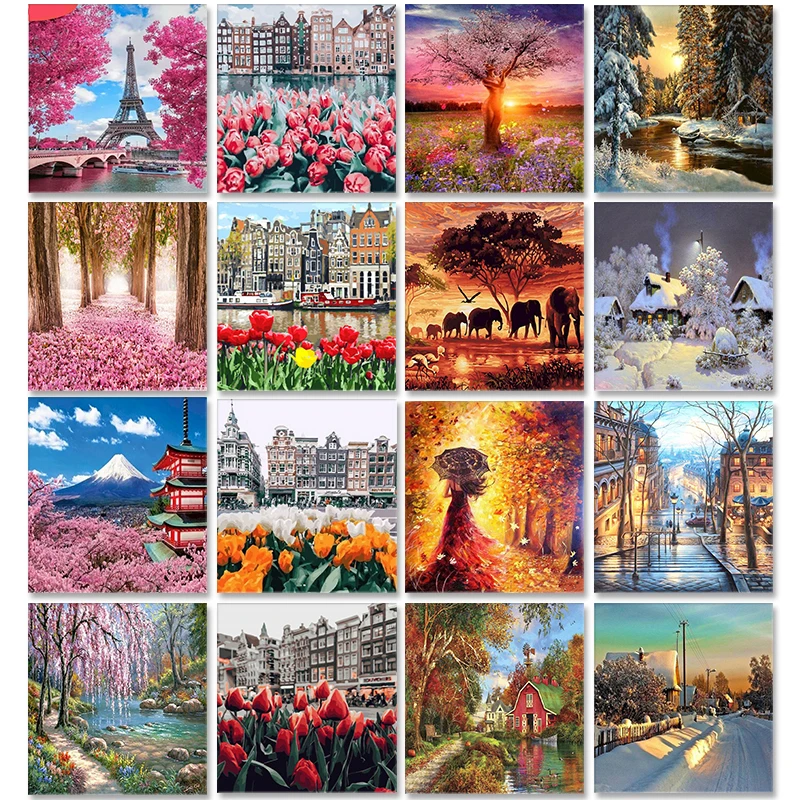 

Four Seasons Scenery DIY Painting By Numbers On Canvas Oil Pictures For Adults Acrylic Coloring By Number Frame Home Decoration