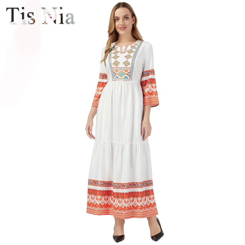 

Летняя Повседневная Длинная юбка, Женская этническая длинная юбка с вышивкой, Повседневное платье с поясом на резинке и V-образным вырезом, ...