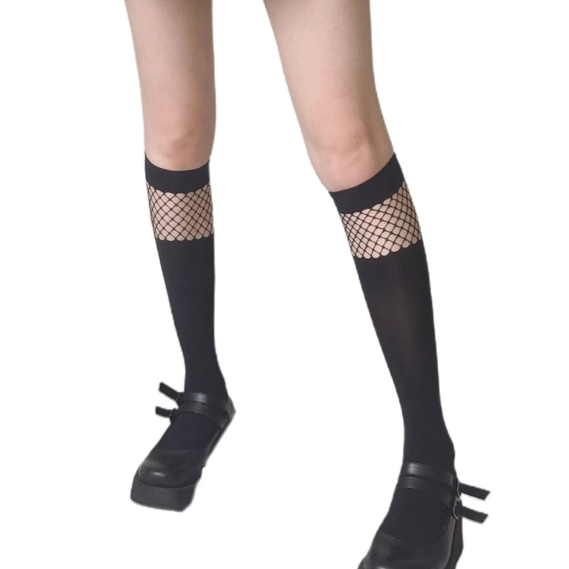 

Women Gothic Punk Black Knee High Long Socks Irregular Sheer Mesh Fishnet Patchwork Japanese Lolita Kawaii Stockings K3NF