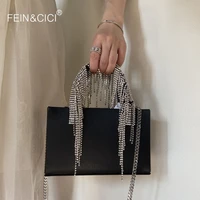 women designer rhinestones evening bag crystal fringe tote handbag party black tassel handle shoulder crossbody messenger bag