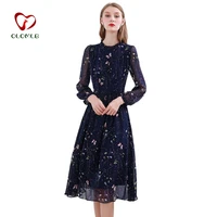 women blue floral chiffon dress for women elegant a line casual spring high waist long sleeve female long dresses autumn