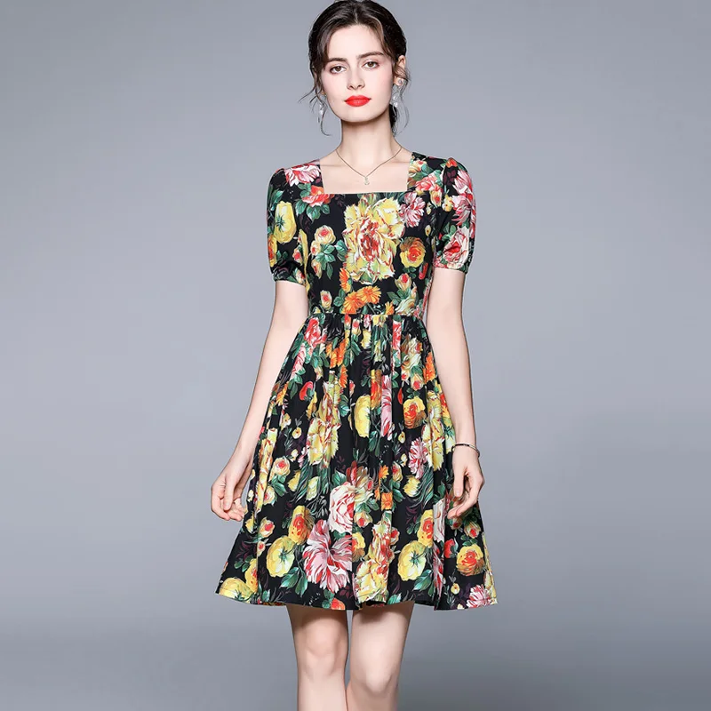 

New 2021 Summer Short-Sleeve Women's Dress Retro Fashion Square Collar Printed Party Dress Elegant Slim Vintage Vestidos