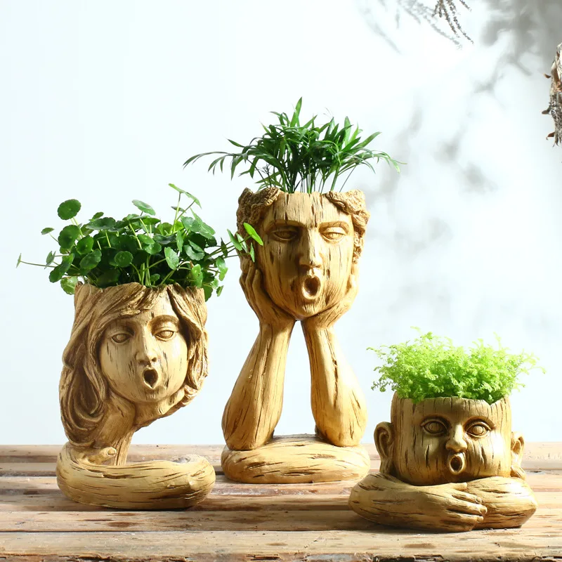 

NORTHEUINS Resin Face Flower Pot Figurines Nordic Creative Family Vases Decoration Home Plant Pot Support For Flowers Decorative