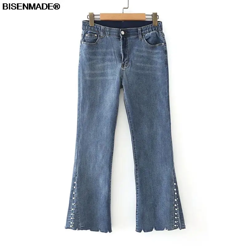 

Женская одежда, джинсы, Новинка осени 2021, облегающие модные брюки-клеш из денима стрейч с высокой талией и жемчужинами, 1017