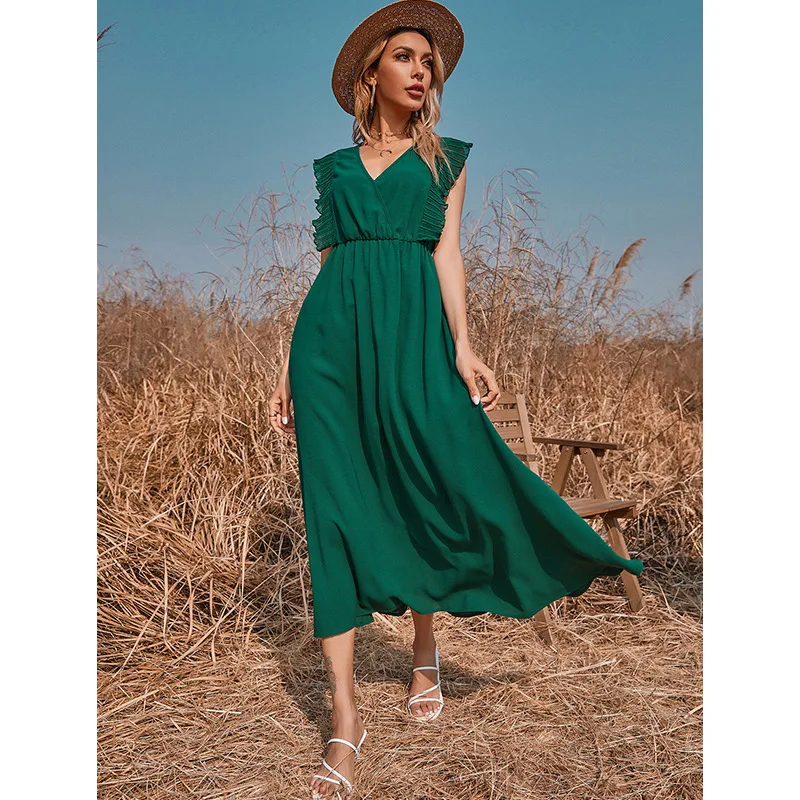 

2021 Summer New Women's Clothing Fresh Solid Color and V-neck Long Dress Elegant Dress