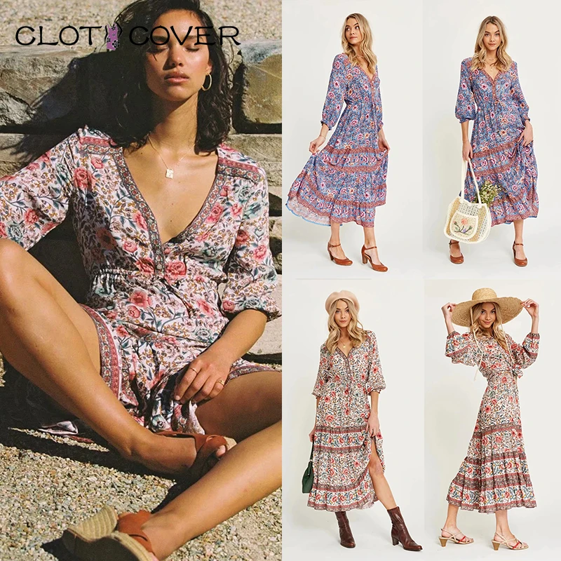 

CLOTH COVER Women Spring Summer Elegant Sexy Beach Long Dress Fashion Print V-Neck Lady Boho Dress Women Three Quarter Vestidos
