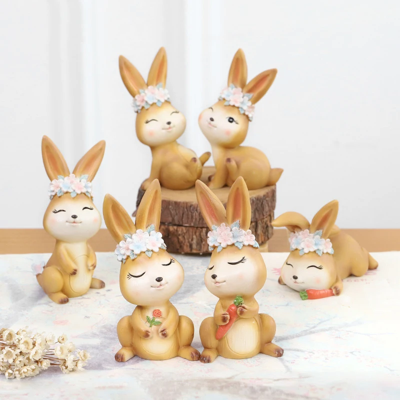 

Set of 6 Little Flower Bunny Miniature Fairy Garden Decor Resin Figurines Cake Decoration Rabbit Toys Gift