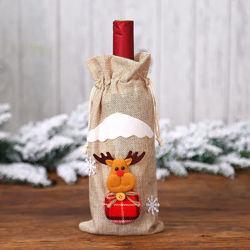 Beige Elk Новейшая крышка для бутылки с красным вином сумки Снеговик Санта Клаус Рождественский Декор стол Рождественский подарок Шампань мешочек грубая ткань для упаковки сумка - Цвет: Beige Elk