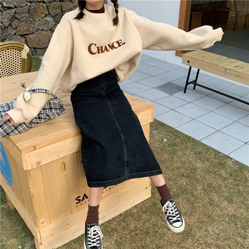 Новинка 2021, джинсовая юбка с высокой талией, трапециевидная тонкая юбка средней длины с разрезом, Черная Женская юбка средней длины на весну...