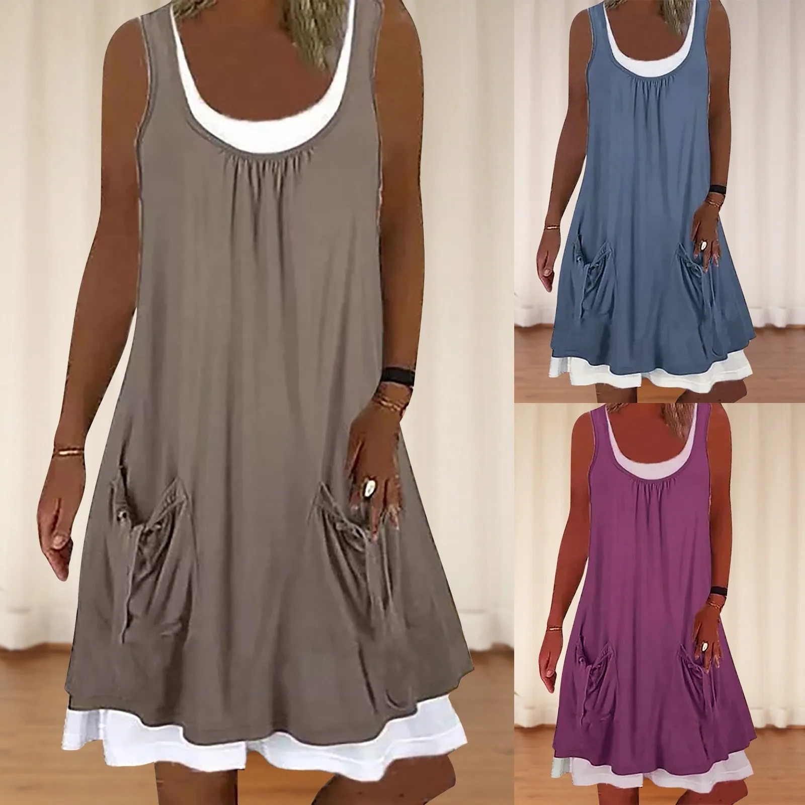 

Womens Casual Round Neckline Knee-Length Shift Dress Two-piece Pocket Suit