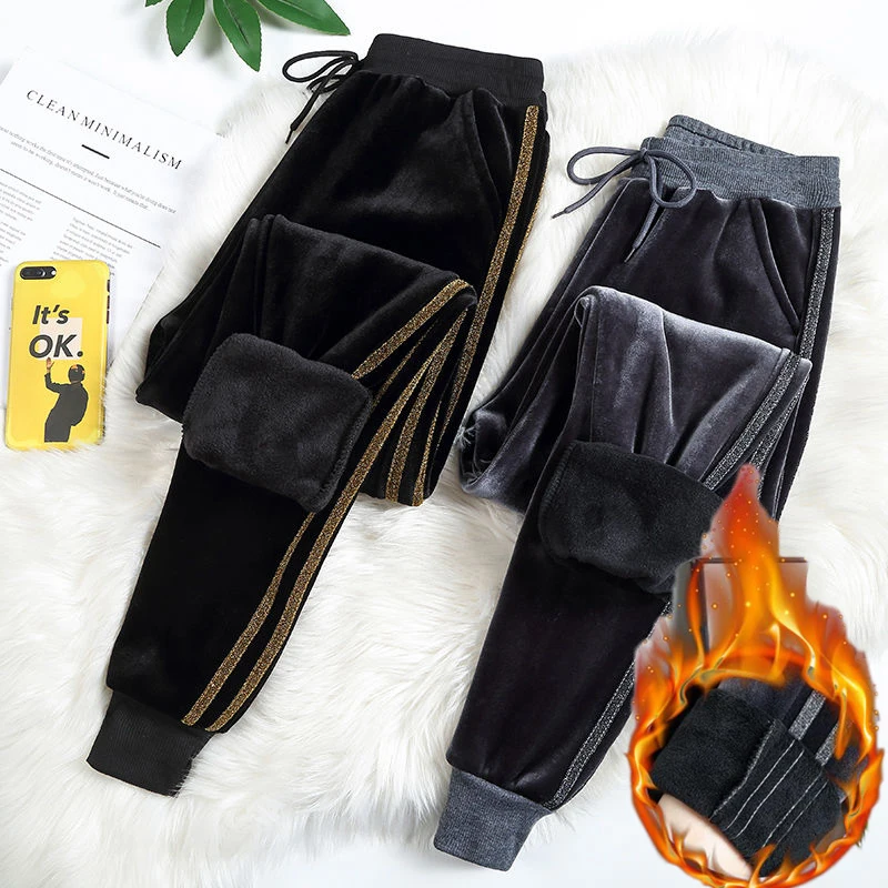 Черные утолщенные вельветовые эластичные спортивные штаны с высокой талией