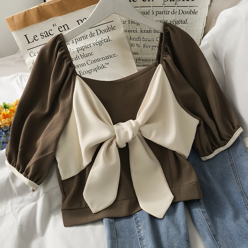 

Женский укороченный топ с рукавами-фонариками, белая блузка с квадратным вырезом и бантом в Корейском стиле на лето, 2021