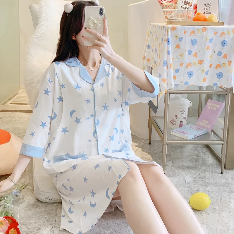 

100% Cotton Maternity Nursing Night Dress 3/4 Sleeve Printed Breast Feeding Sleepwear for Pregnant Women Pregnancy Lounge Home