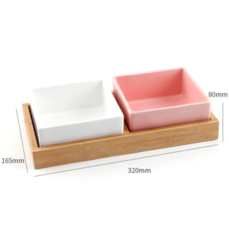

Ceramics Pet Dog Cat Water Eating Bowl for Small Large Dogs Puppy Cat Drinking Feeder Pet Supplies Square Shape Wooden Stand