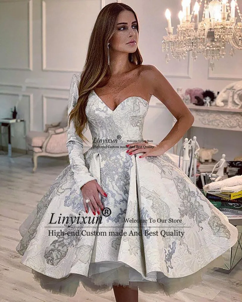 

Sexy One Shoulder Lace Prom Dress Ball Gown Short Robe de Soiree Long Sleeve Evening Party Gowns Knee Length Evening Dress