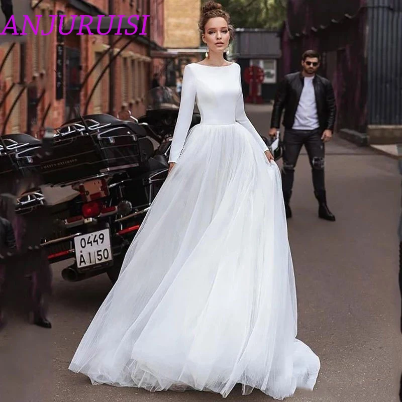 

ANJURUISI Long sleeves Simple A Line Wedding Dresses 2020 Tulle Wedding Bridal Gowns vestido de noiva sheer beach wedding guest