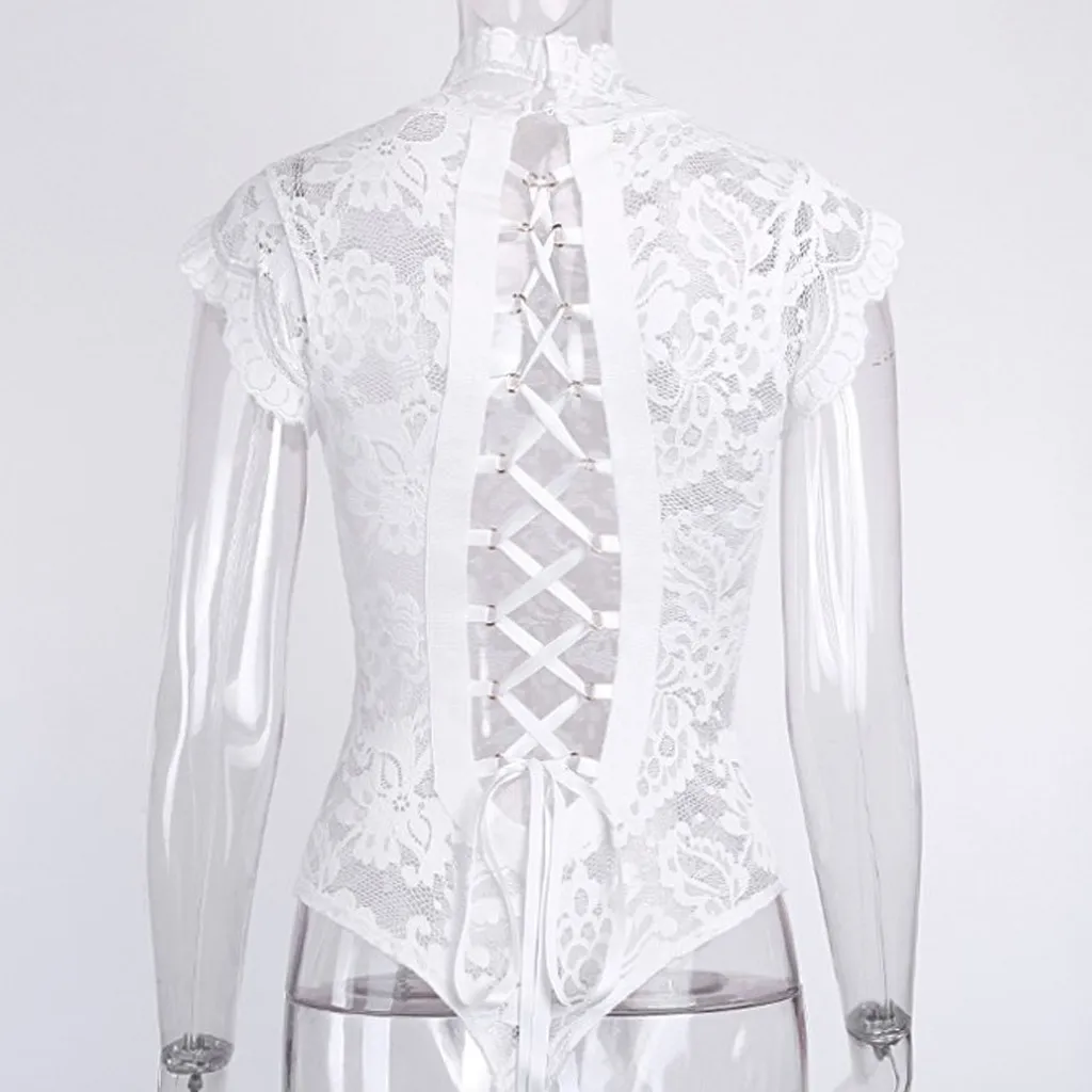 Тонкий кружевной комбинезон женский прозрачный сетчатый с открытой спиной и