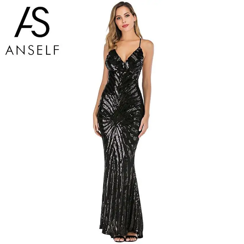 Блестки в виде пайеток Bling платье Для женщин Длинные Макси с глубоким v образным