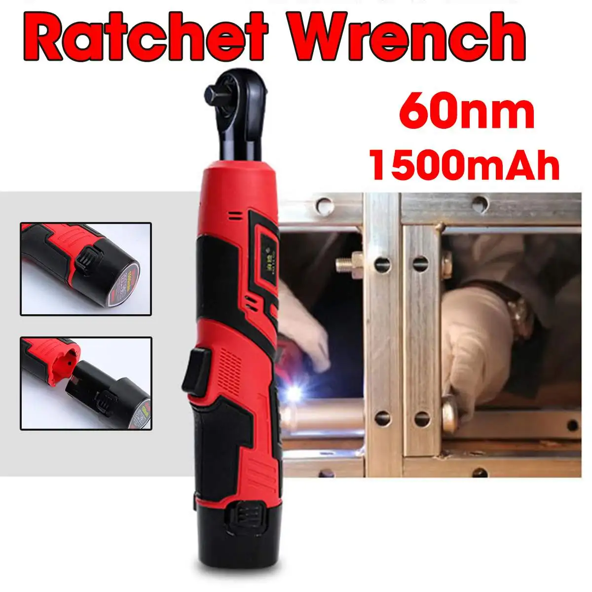 

3/8'' 12V Electric Ratchet Wrench Lithium-Ion Battery Rechargeable Electric Right Angle Wrench Kit 60NM Torque Ratchet