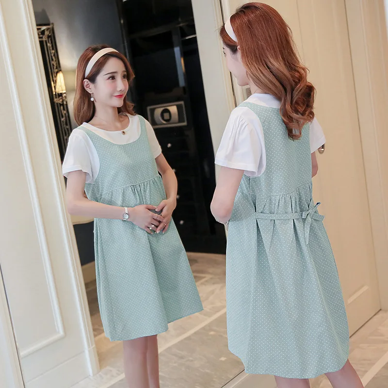 2020 New Maternity Dress Summer Fake Two-Piece Top Midi Loose and Plus-sized Short-Sleeved | Мать и ребенок