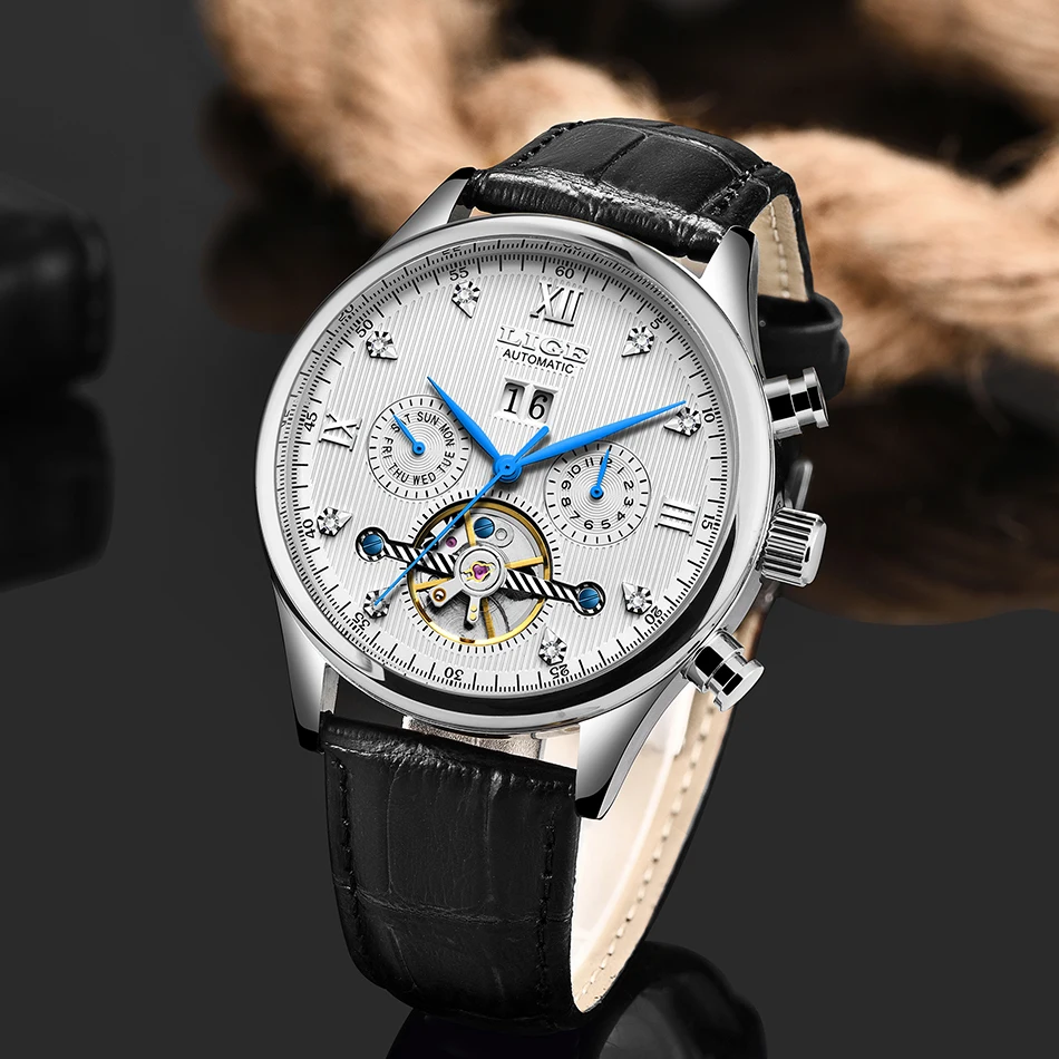 LIGE Брендовые мужские часы автоматические механические часы Tourbillon спортивные часы кожаные повседневные деловые часы в ретро-стиле Relojes Hombre