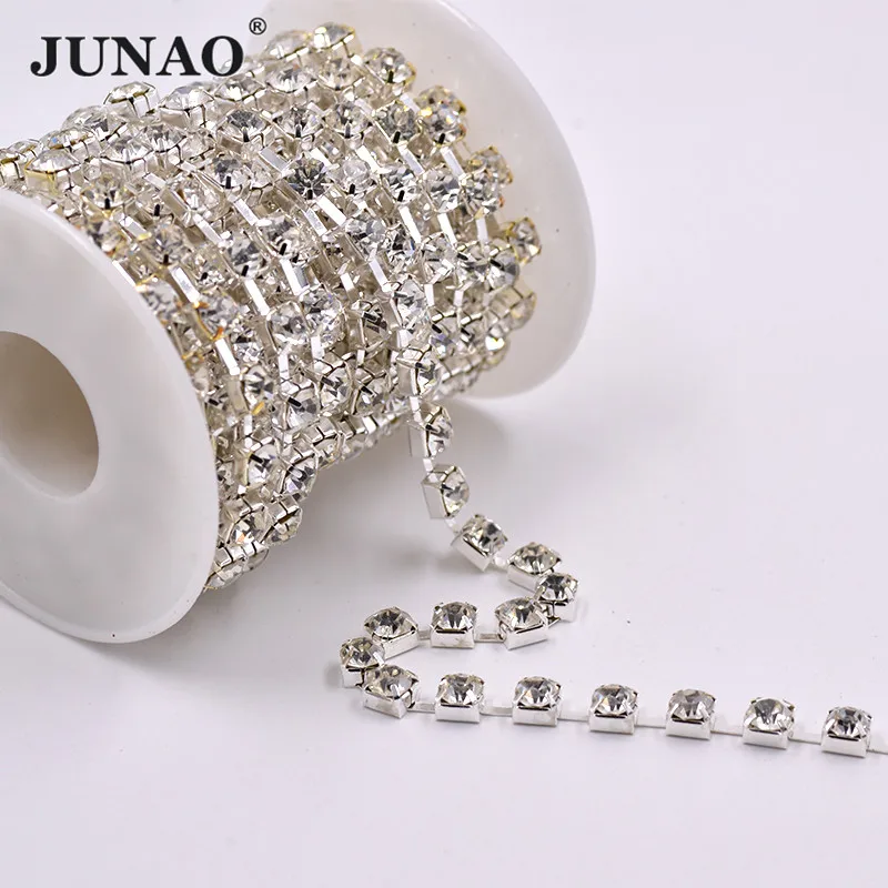 

JUNAO SS28 Silver Color Glass Rhinestones Cup Chain Sewing Crystal Ribbon Trim Gold Strass Appliques for Clothes Decorative