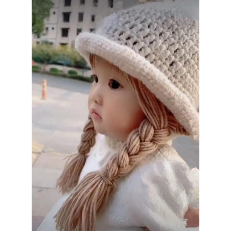 

Handmade Knitted Baby Girls Wig Hat Infants Photography Props Headwear Newborn Wigs Brades Kids Crochet Cap with Plaits