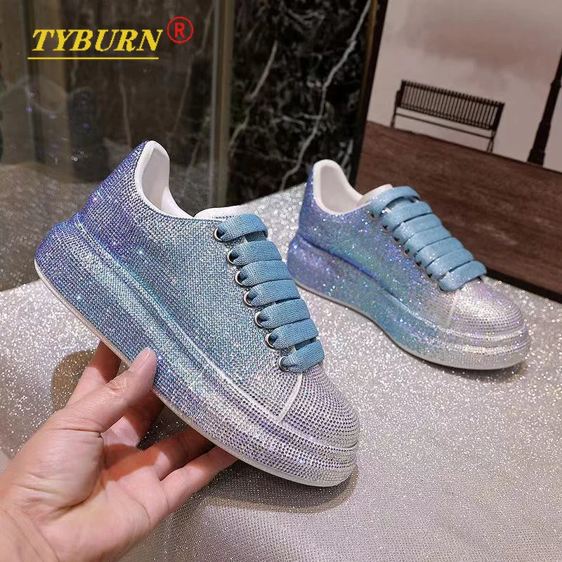 

2021 Autumn Women's Shoes New Full Diamond Platform Sneakers Brand Designer Luxury 5 Cm Sports White Shiny Rhinestone Shoes