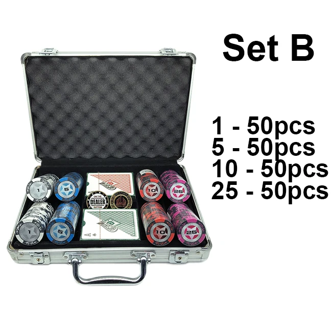 Set B Набор фишек для покера серии World, 200 шт., с дилером и все в комплекте, 2 пластиковые игральные карты и чемодан, 40*3,4 мм, 14 г - Цвет: Set B