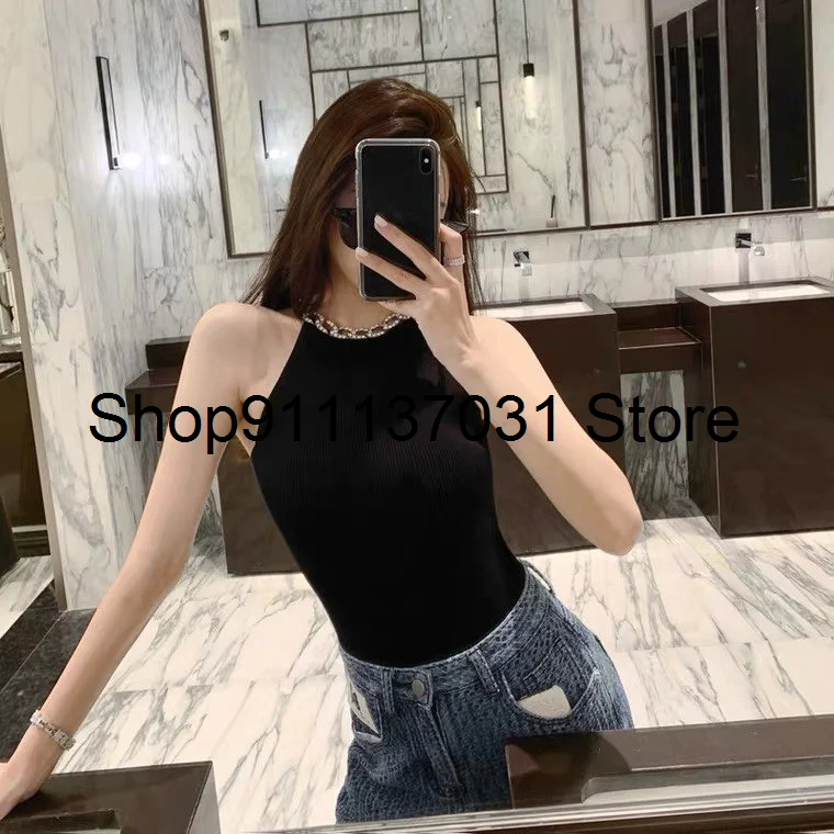 

FW Autumn New Women High Quality Diamonds Chains Vest Tops Female Knitted Slim Tee Camis 2 Color Ddxgz3