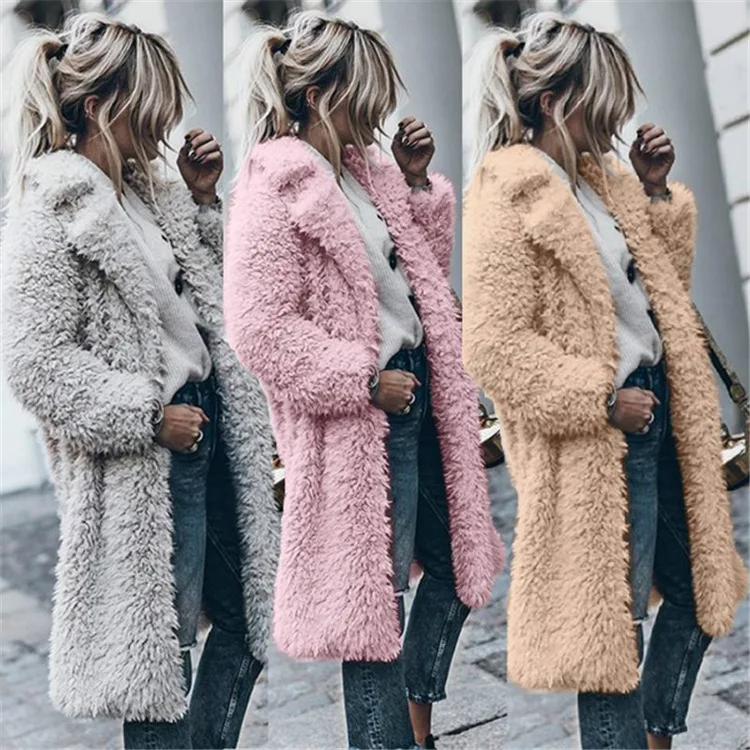 

2021 Winter Long Coat Female Plush Teddy Coat Outwear Faux Fur Coat Women Solid Color Warm Lapel Casual Mid-length Jacket