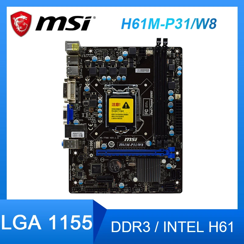 

Motherboard LGA 1155 MSI H61M-P31/W8 LGA 1155 Motherboard DDR3 16GB Intel H61 PCI-E 3.0 USB2.0 USB2.0 Micro ATX For Core i3 3250