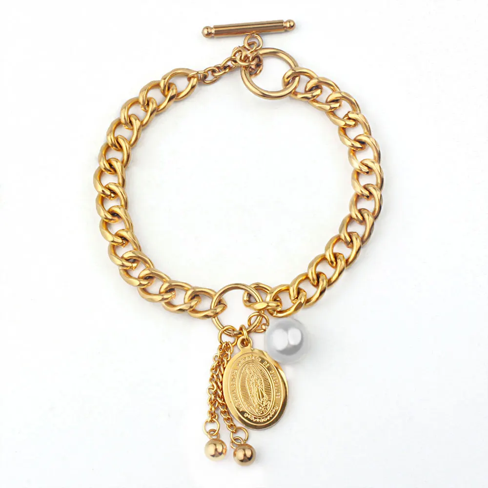 Gold FINE4U B176 религиозная девственница Мэри талисманы браслет с жемчугом нержавеющая сталь звено цепи браслеты для христианских ювелирных изделий - Окраска металла: Gold