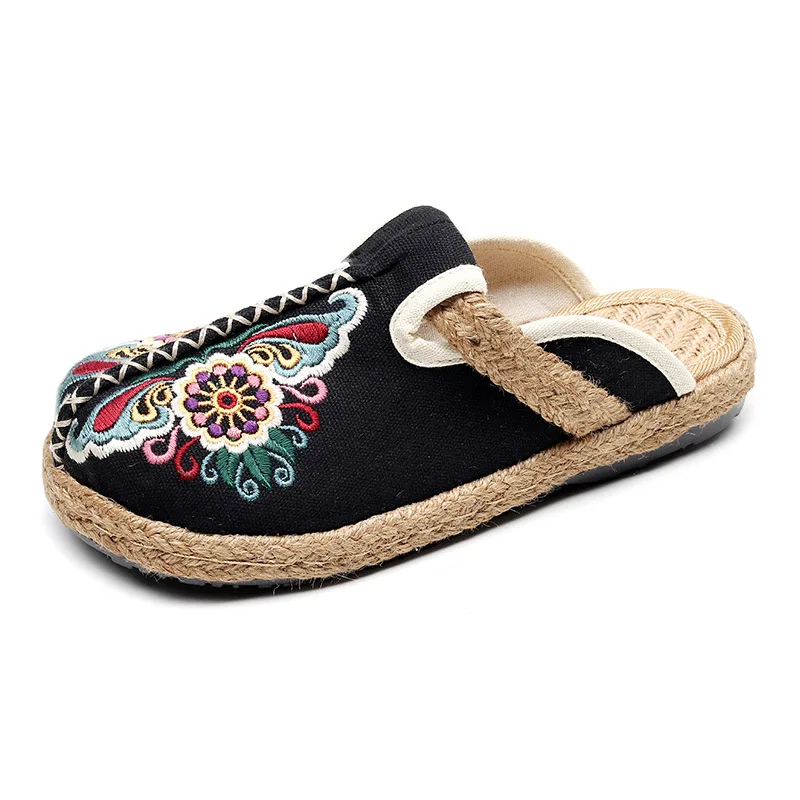 

Shoes Woman's Slippers Slides 2021 Flat PVC Retro Sewing Fabric Basic Canvas Ethnic PU Embroider Floral Shoes Slippers Flat Slid