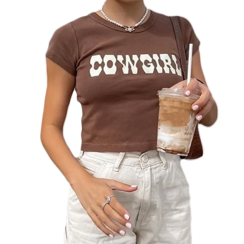 

Women Summer Short Sleeve Round Neck Crop Top Vintage Cow Girl Letters Printed T-Shirt Harajuku Casual Slim Fitting Navel 67JF