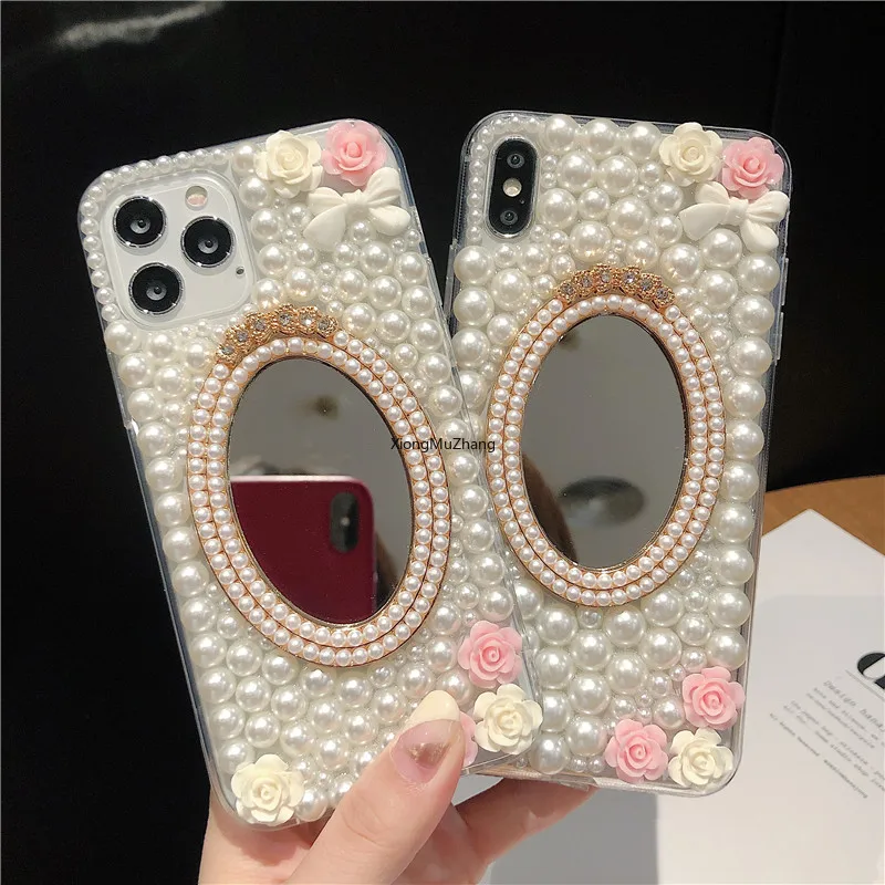 

Diamond Phone Case Pearl Flowers Mirror Rhinestone Soft Shell for Huawei Honor 50 50Pro SE 30 30 Pro Lite 30S V10 V20 V30 X10