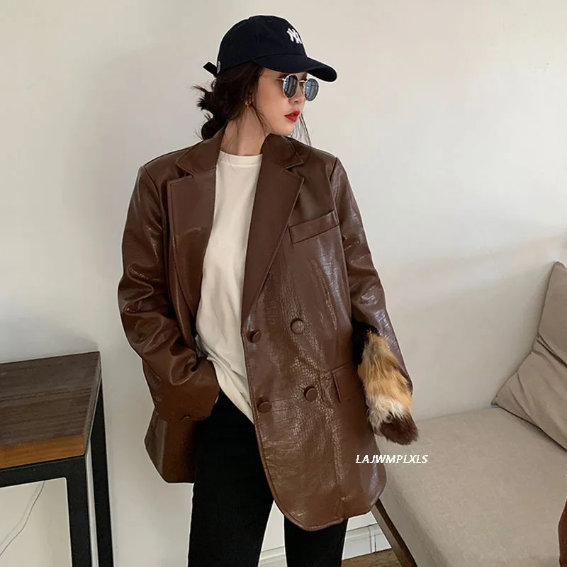 

2021 New Fashion Brown Crocodile Pattern Leather Blazers Women Suit Autumn Spring Retro Loose PU leather Suit jacket