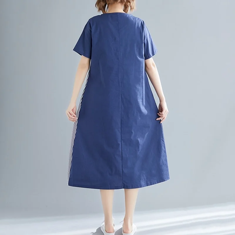 Длинное платье в полоску винтажное женское из хлопка и льна с круглым вырезом