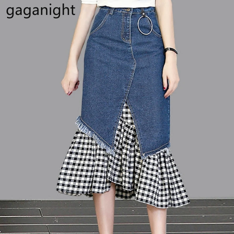

Gaganight Fashion Women Skirt High Waist Plus Size Faldas Jeans Patchwork Plaid A Line Lady Elegant Long Skirts Casual Ruffles