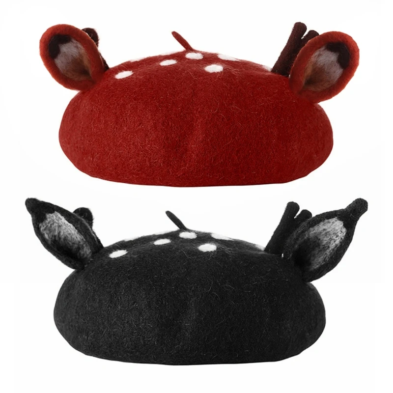 

Women Girls Christmas Beret Cap Cute 3D Reindeer Antler Ears Faux Felt Painter Student Winter Warm Animal Mushroom Hat Gifts