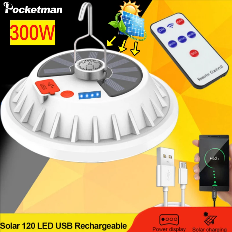 

Перезаряжаемая Светодиодная лампа 300 Вт, фонарь с пультом дистанционного управления на солнечной батарее, портативный аварийный ночной Све...