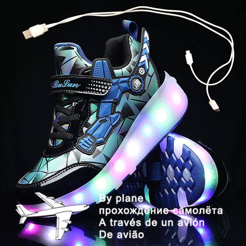 

Children Two Wheels Luminous Glowing Sneakers Black Pink Red Led Light Roller Skate Shoes Kids Led Shoes Boys Girls USB Charging