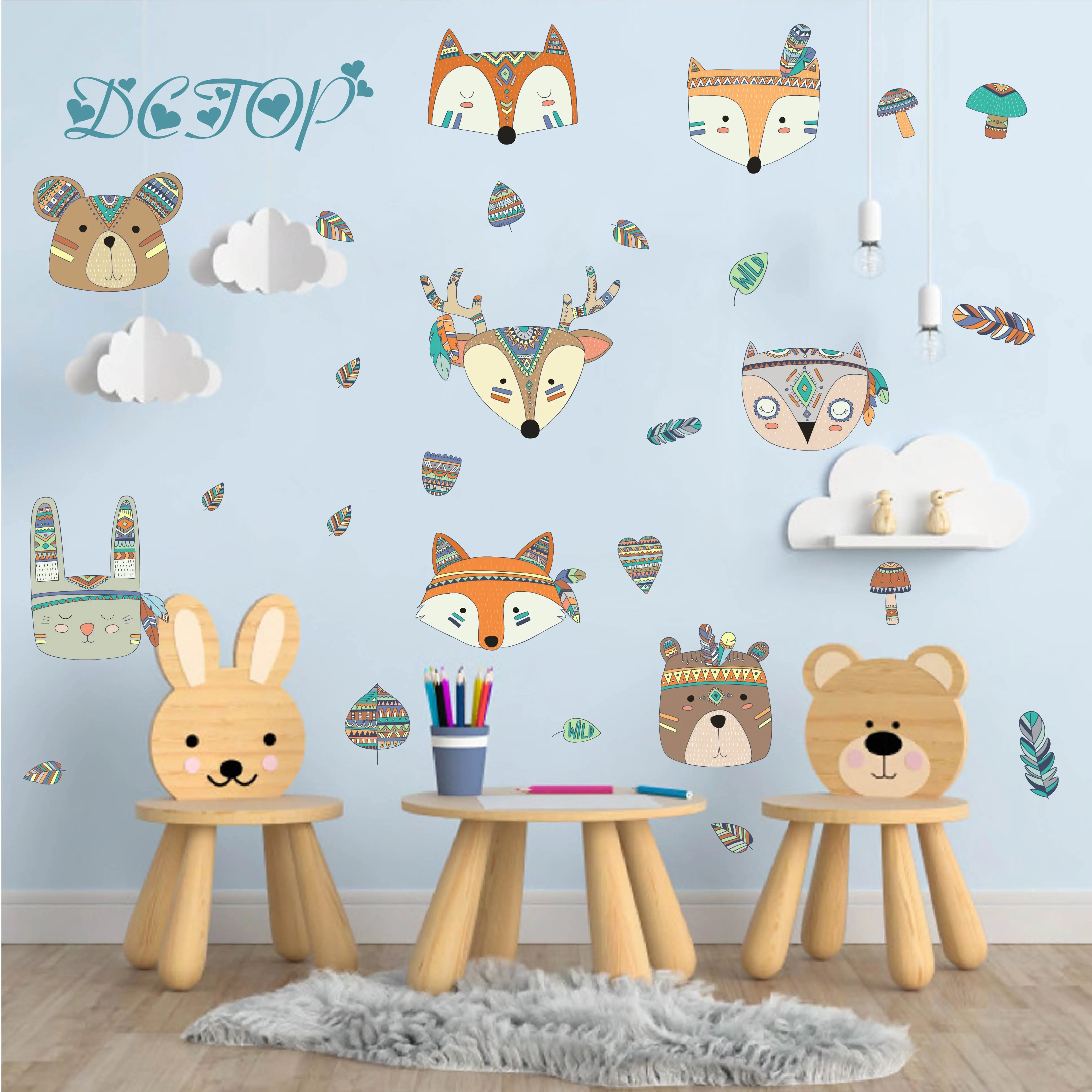 Детские наклейки на стены DIY цветные лесной этнический олень Медведь Кролик лиса