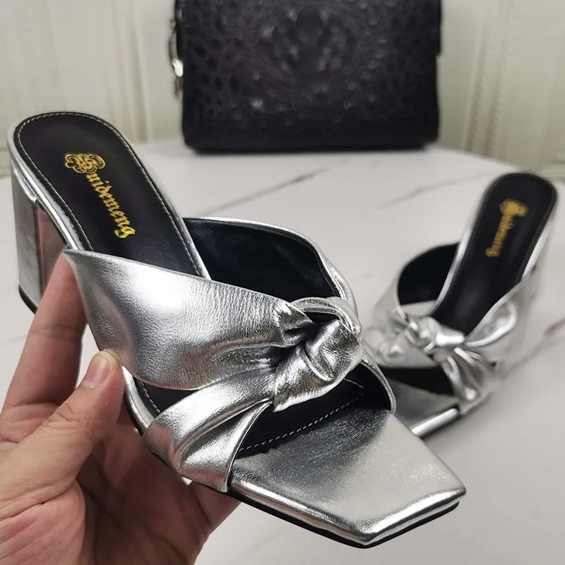 

2021 Summer High Heeled Leather Shoes For Women Designer Thick Heels Bowknot Square Genuine Leather Slippers