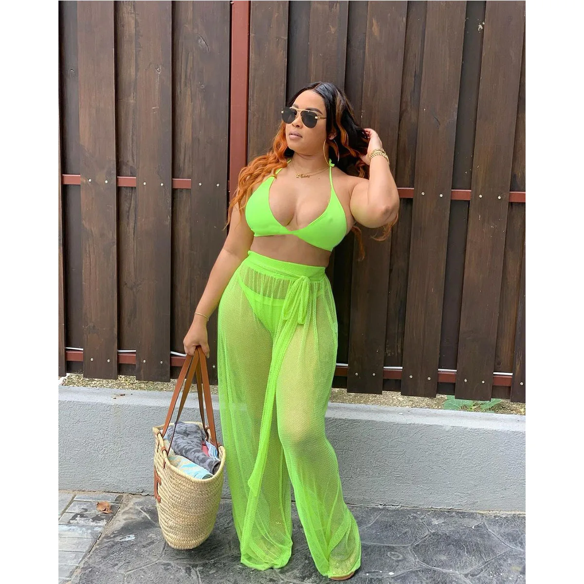 

Комплект пляжного бикини из 3 предметов, прозрачные сетчатые Широкие штаны, пляжный купальник, летний сексуальный купальник с открытой спин...