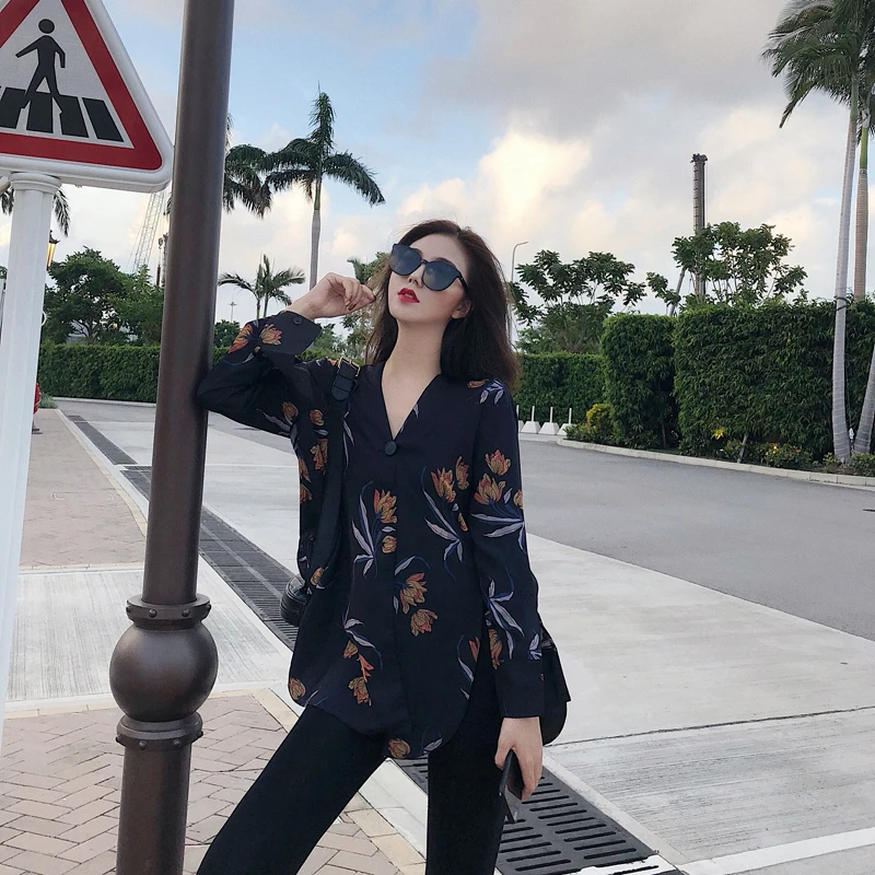 Женская шифоновая блузка с длинным рукавом винтажная v-образным вырезом и